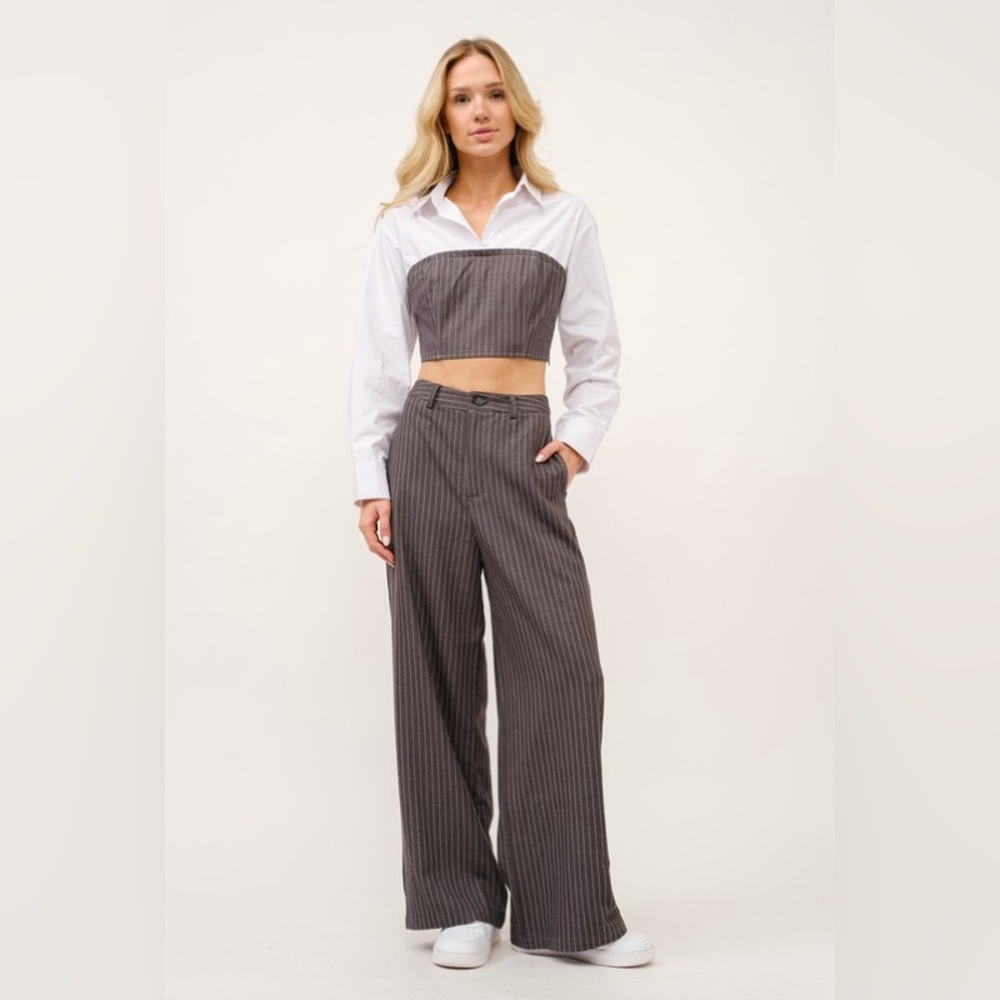 Tailored Stripe Long Sleeve and Wide Leg Pant Set Size S
